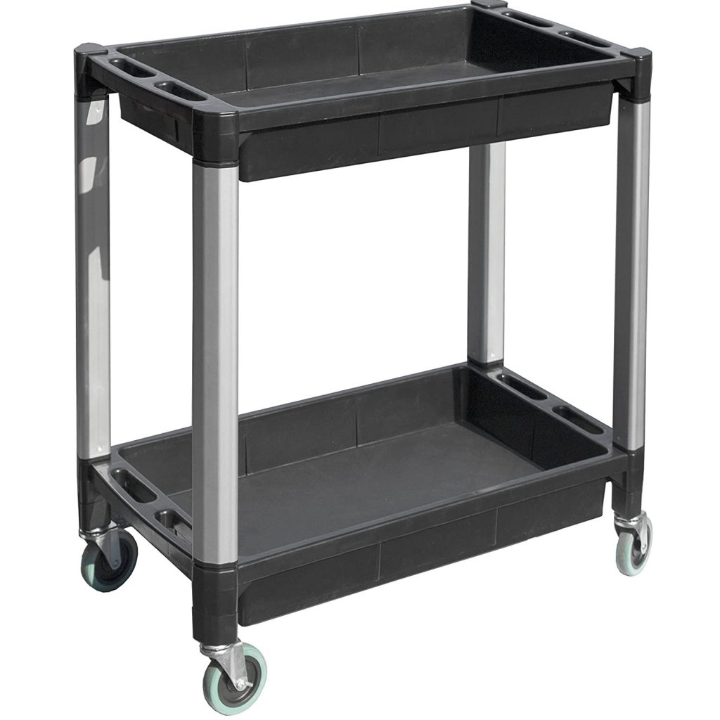 MaxWorks 80384 Black and Gray Two-Tray Service/Utility Cart With Aluminum Legs And 4" Diameter Swivel Castors